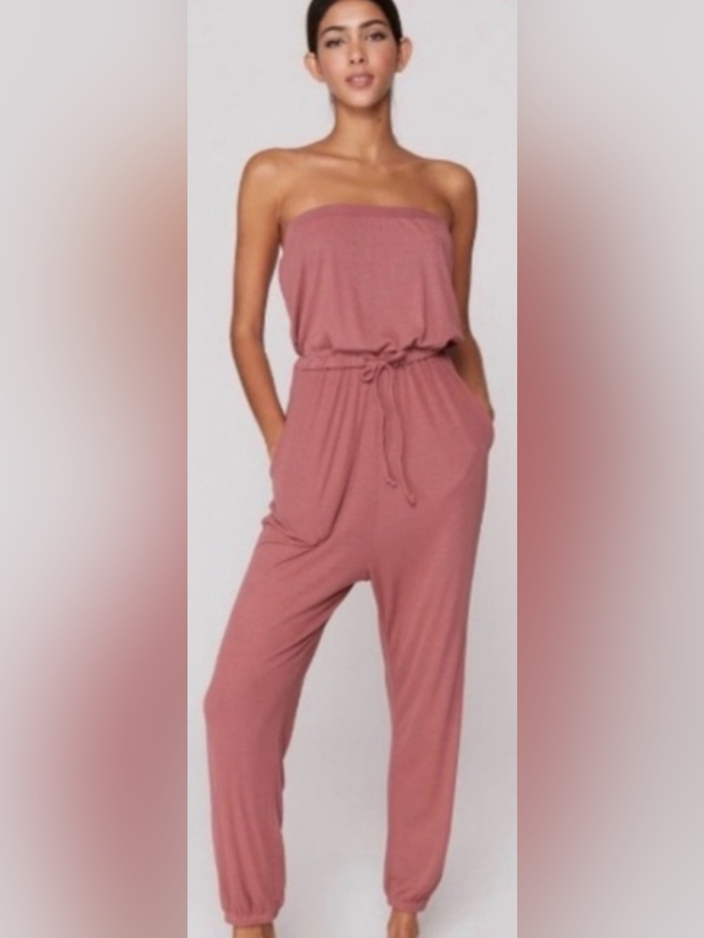 Spiritual Gangster Camela Ribbed Cinched Strapless Jumpsuit Rose Pink L NWOT